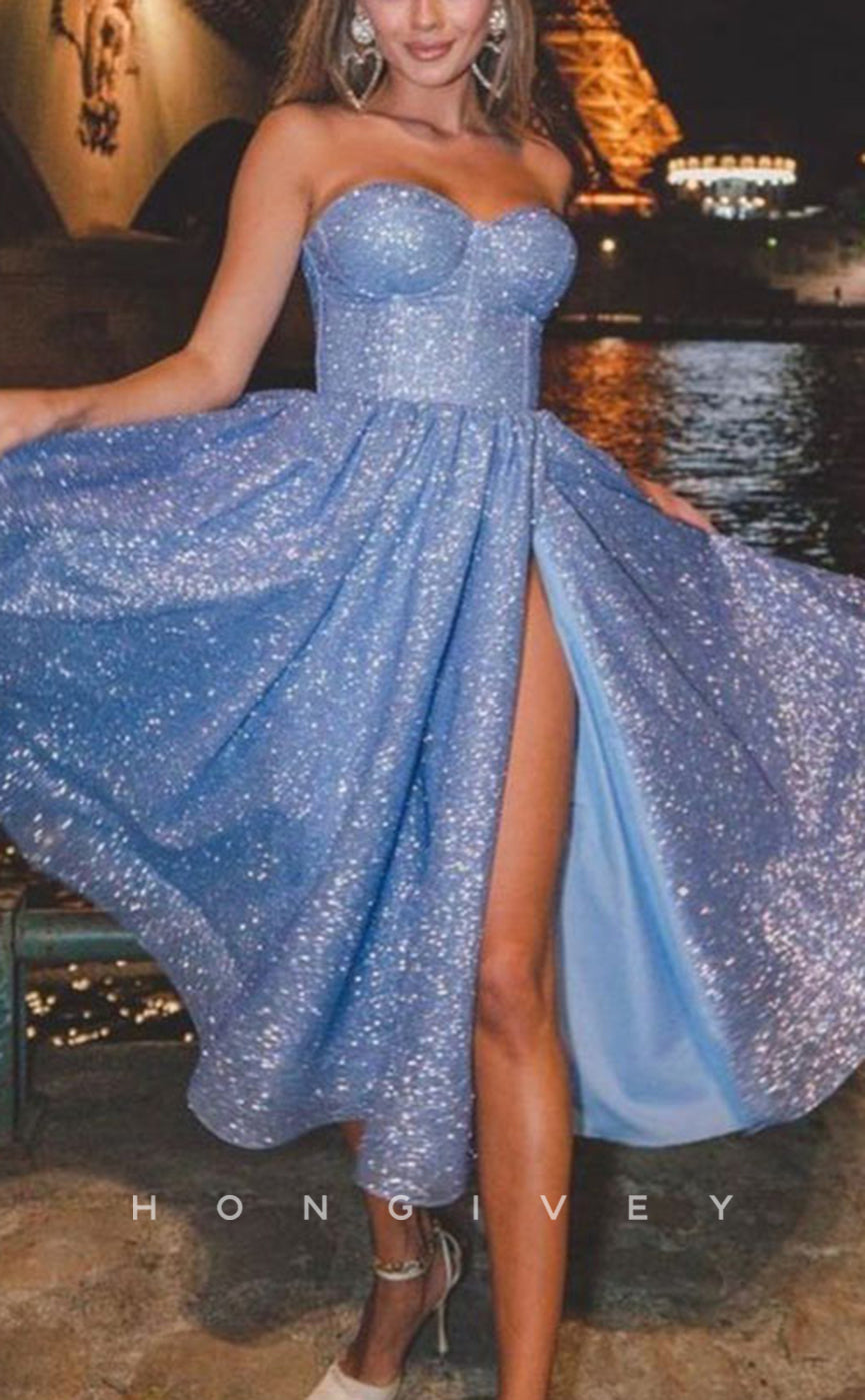 H2052 - Sexy Glitter Tulle Sweetheart Strapless Sleeveless High Slit Short Party/Homecoming Dress - Fashionpara