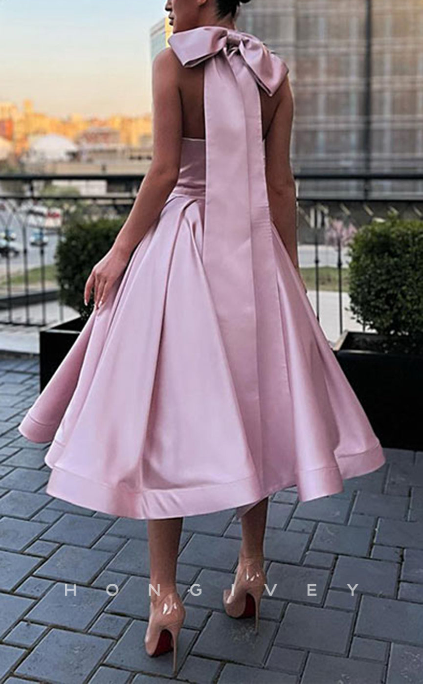H2053 - Chic Satin A-Line Empire Sleeveless Halter Bowknot Short Party/Homecoming Dress - Fashionpara