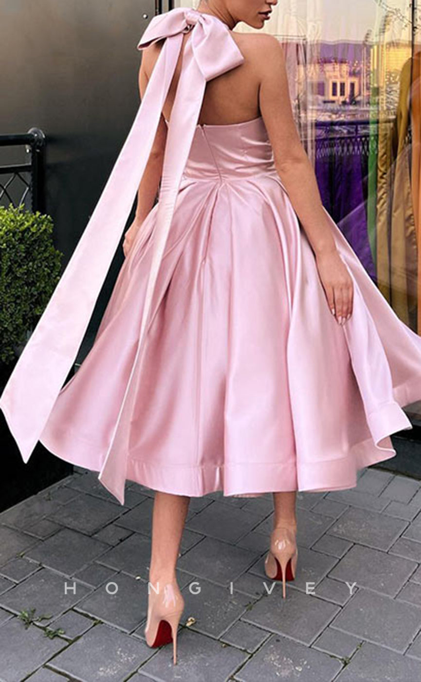 H2053 - Chic Satin A-Line Empire Sleeveless Halter Bowknot Short Party/Homecoming Dress - Fashionpara