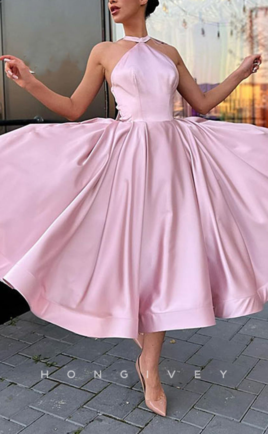 H2053 - Chic Satin A-Line Empire Sleeveless Halter Bowknot Short Party/Homecoming Dress - Fashionpara