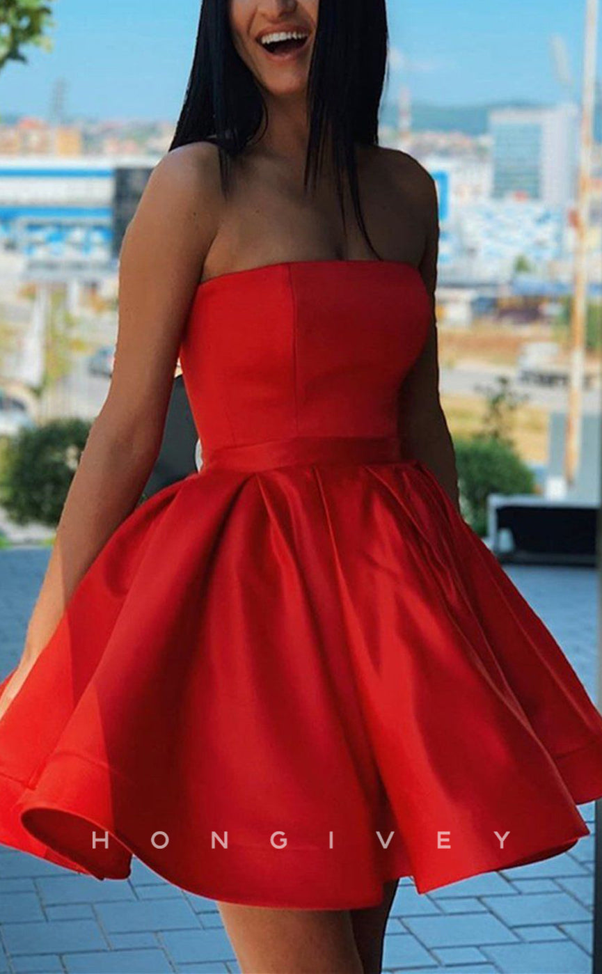 H2061 - Sexy Satin A-Line Empire Belt Strapless Sleeveless Short Party/Homecoming Dress - Fashionpara