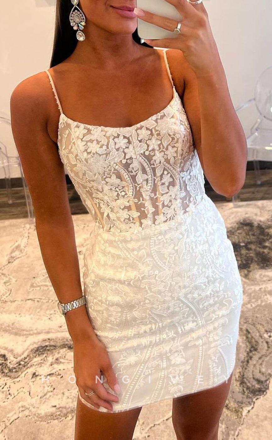H2067 - Sexy Fitted Illusion Scoop Spaghetti Straps Appliques Short Party/Homecoming Dress - Fashionpara