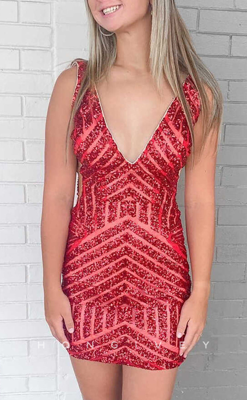 H2068 - Sexy Fitted Glitter V-Neck Backless Sequins Short Party/Homecoming Dress - Fashionpara