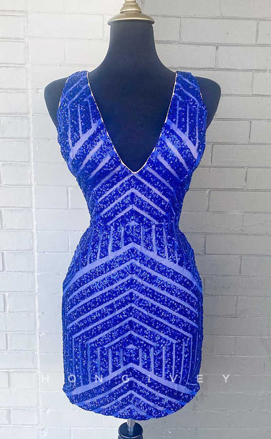 H2068 - Sexy Fitted Glitter V-Neck Backless Sequins Short Party/Homecoming Dress - Fashionpara