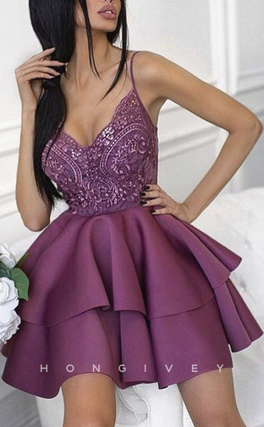 H2076 - Sexy A-Line Empire Ball Gown Sequins V-Neck Spaghetti Straps Short Party/Homecoming Dress - Fashionpara
