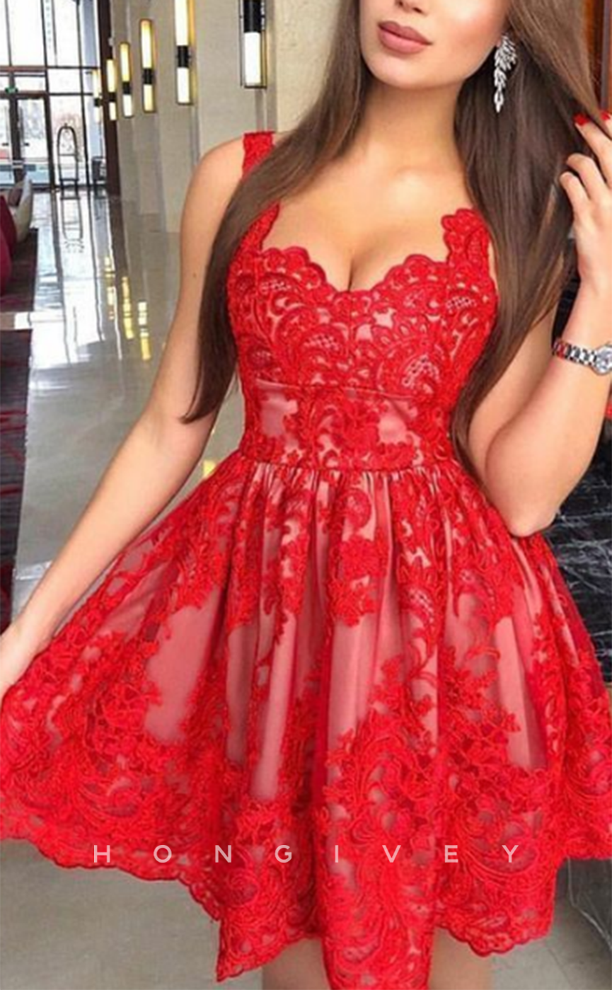 H2079 - Sexy Red A-Line Empire Appliques Asymmetrical Straps Short Party/Homecoming Dress - Fashionpara