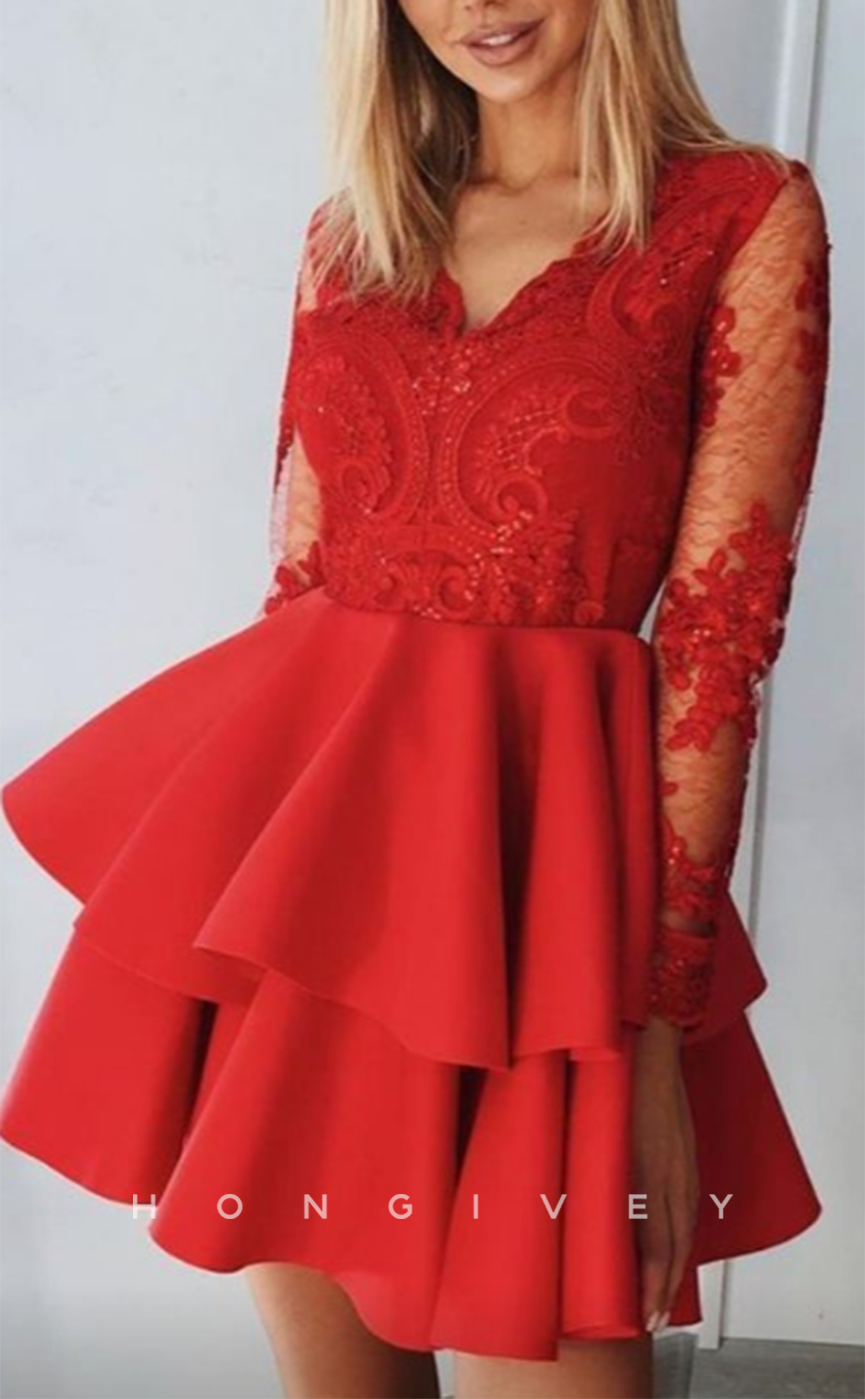 H2080 - Sexy Red Satin A-Line Empire V-Neck Lace Long Sleeve Short Party/Homecoming Dress - Fashionpara