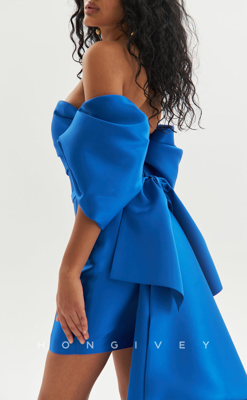 H2082 - Sexy Fitted Satin Ruched Strapless Puff Sleeves Gown Detachable Bowknot Train Homecoming Dress - Fashionpara
