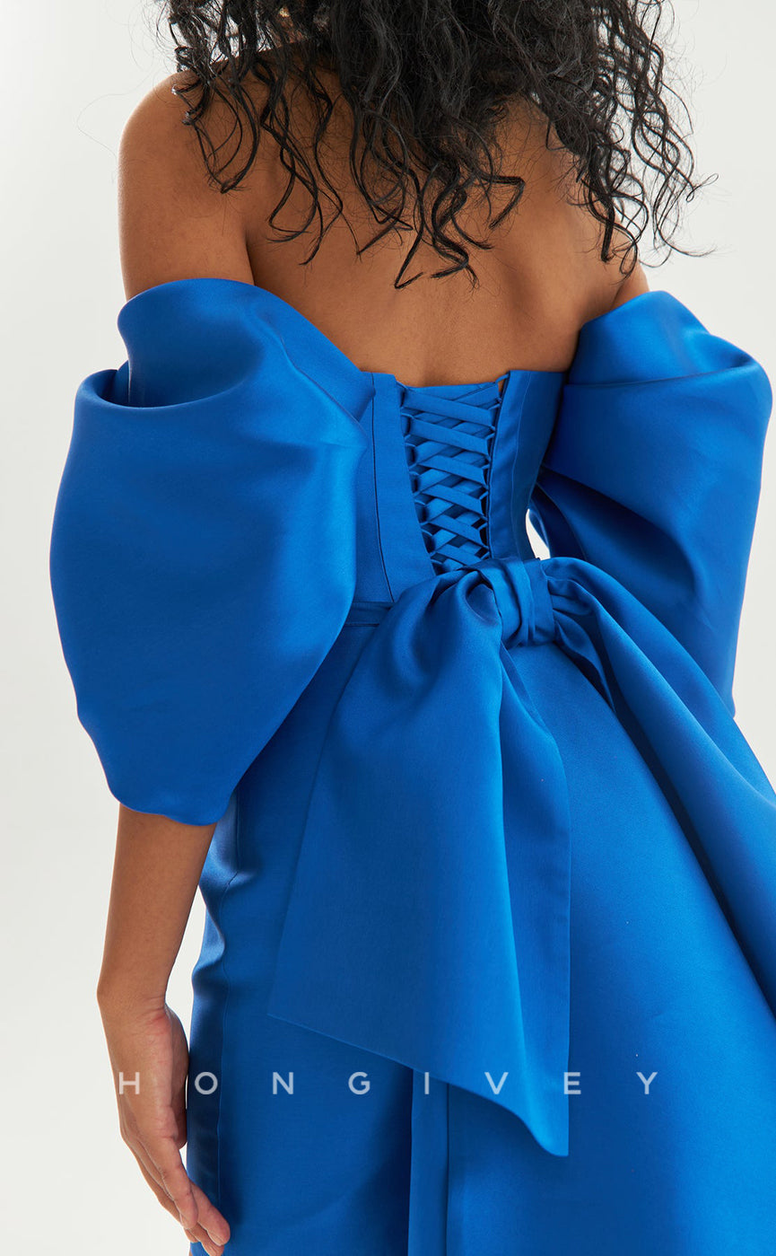 H2082 - Sexy Fitted Satin Ruched Strapless Puff Sleeves Gown Detachable Bowknot Train Homecoming Dress - Fashionpara
