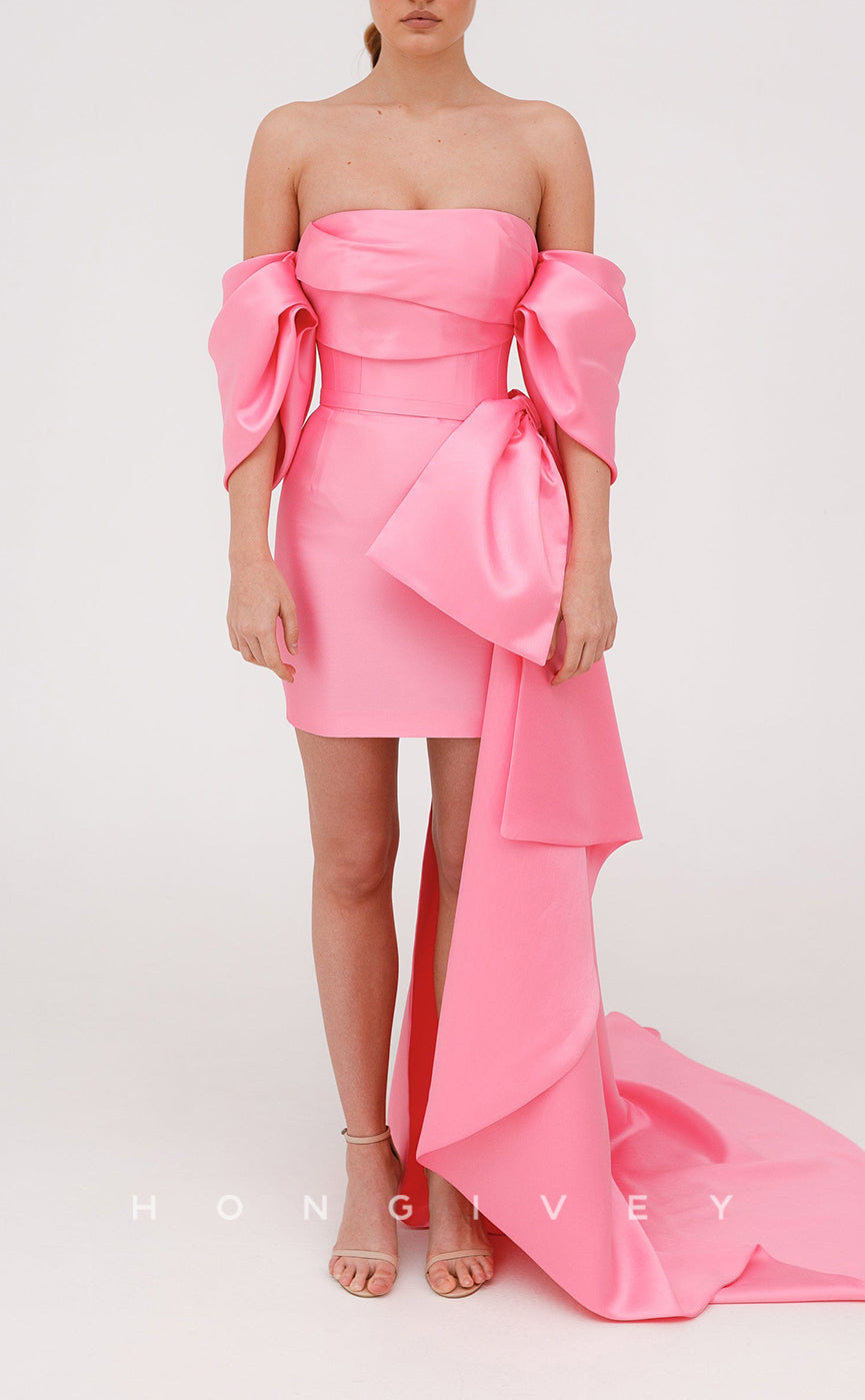 H2082 - Sexy Fitted Satin Ruched Strapless Puff Sleeves Gown Detachable Bowknot Train Homecoming Dress - Fashionpara