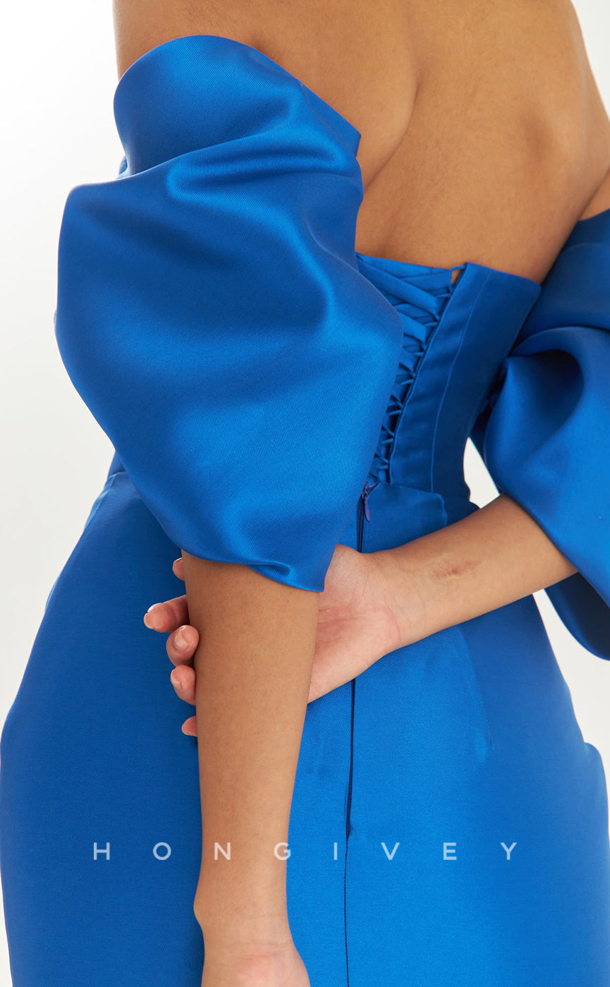 H2082 - Sexy Fitted Satin Ruched Strapless Puff Sleeves Gown Detachable Bowknot Train Homecoming Dress - Fashionpara