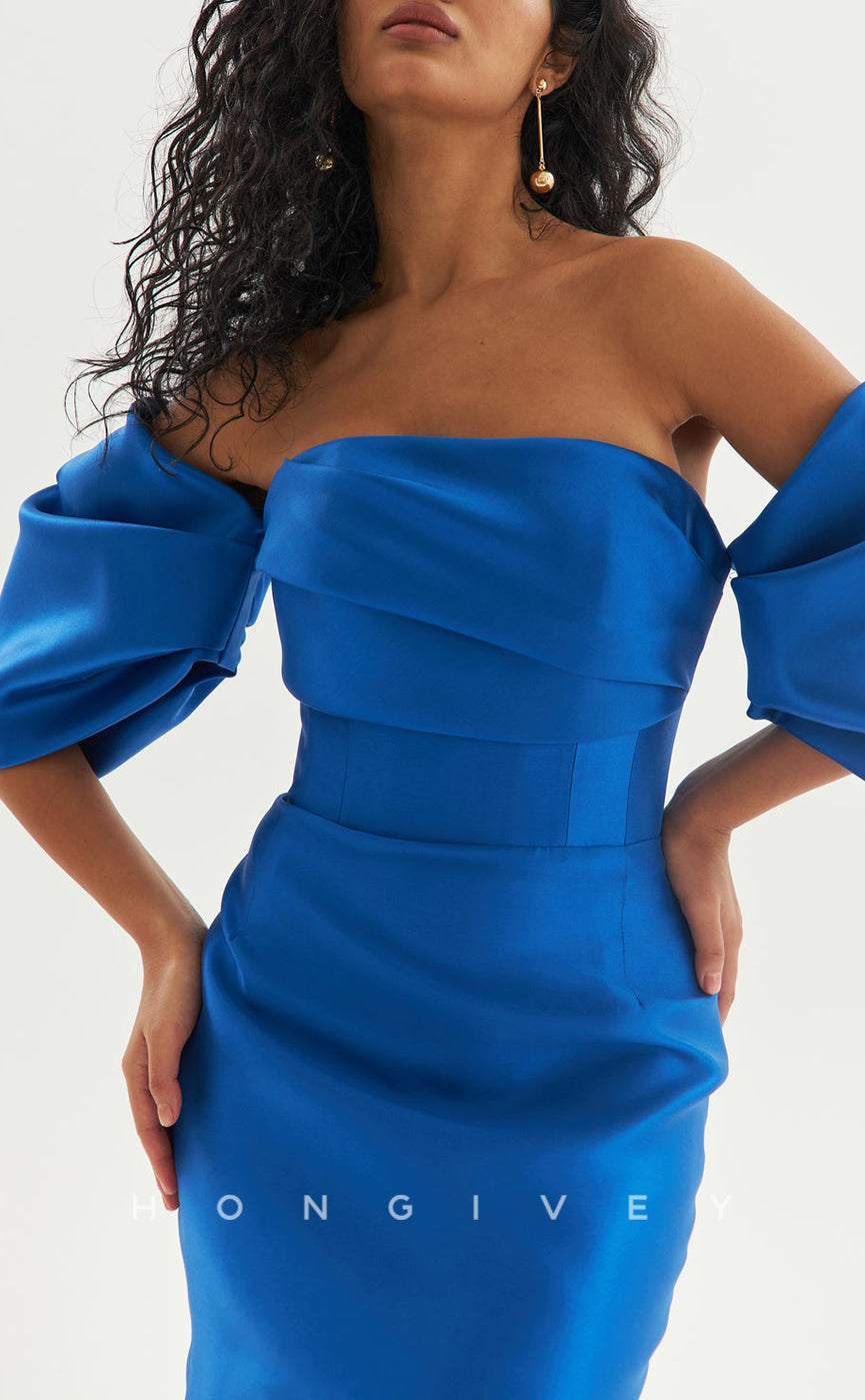 H2082 - Sexy Fitted Satin Ruched Strapless Puff Sleeves Gown Detachable Bowknot Train Homecoming Dress - Fashionpara
