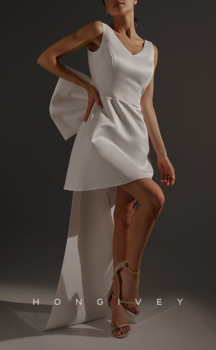 H2803 - Sexy A-Line Satin V-Neck Sleeveless Detachable Bowknot Train Short Homecoming Dress - Fashionpara