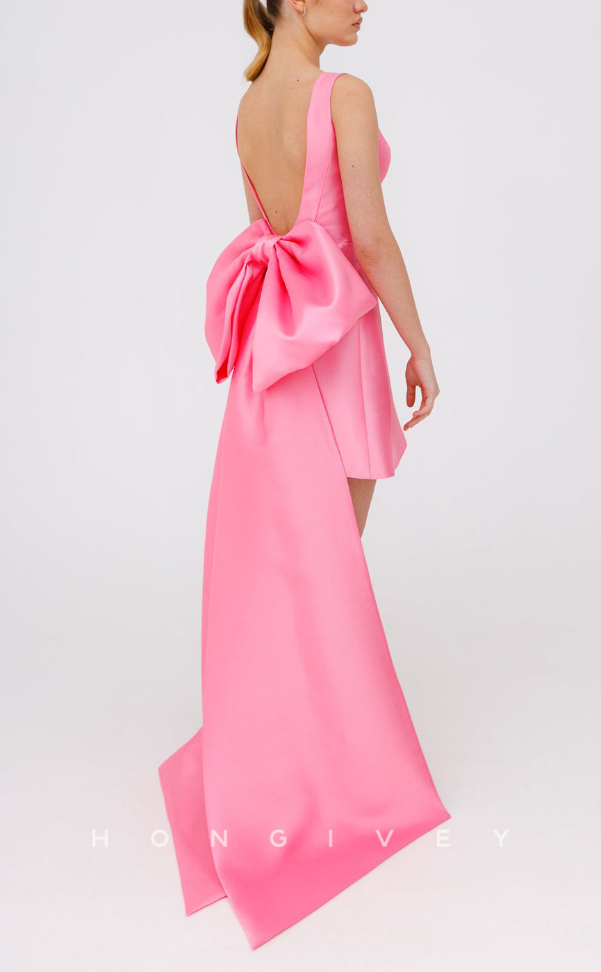 H2803 - Sexy A-Line Satin V-Neck Sleeveless Detachable Bowknot Train Short Homecoming Dress - Fashionpara