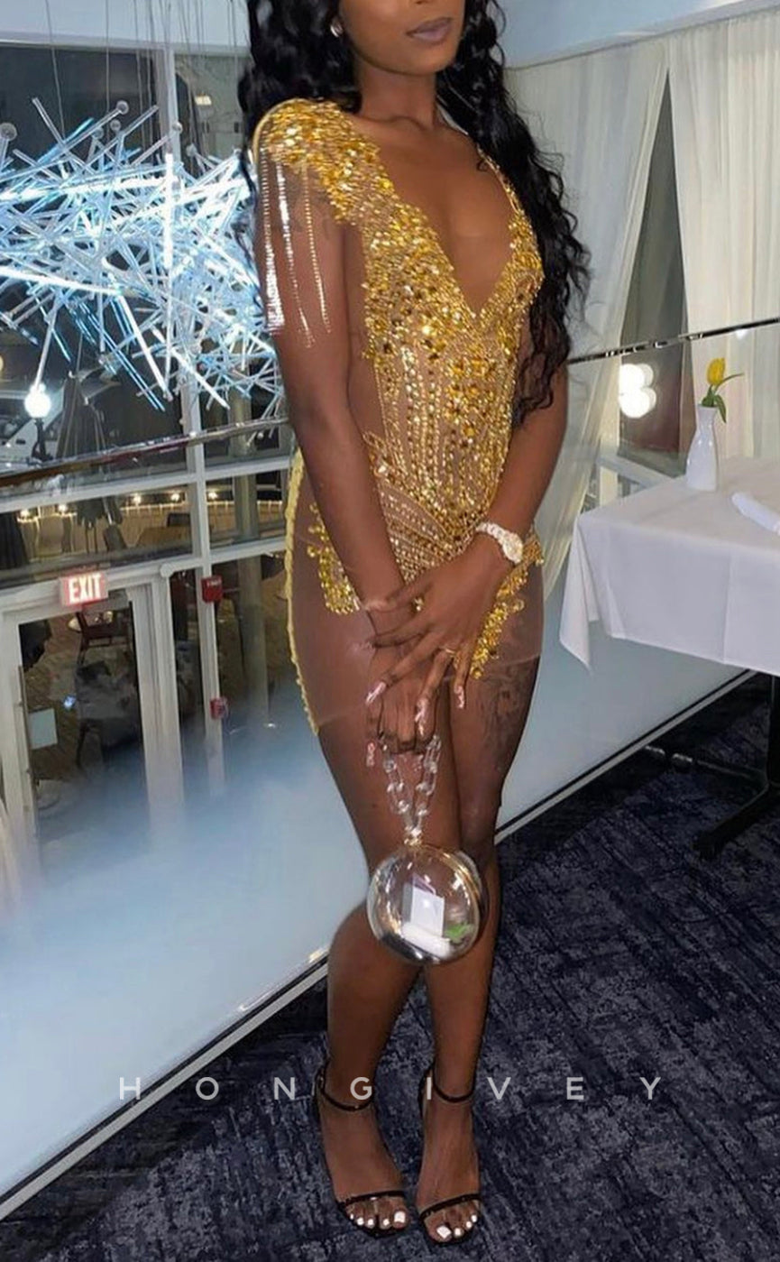 H2088 - Sexy Futted Glitter Illusion Bateau Sleeveless Sequined Appliques Homecoming Dresses For Black Women - Fashionpara