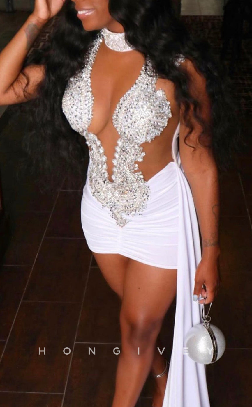 H2089 - Chic Fitted Glitter High Neck Sleeveless Pleats Detachable Train Homecoming Dresses For Black Women - Fashionpara