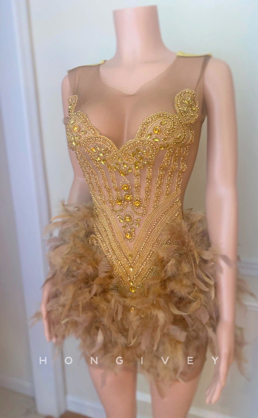 H2090 - Sexy Fitted Glitter Round Sleeveless Rhinestone Feathers Homecoming Dresses For Black Women - Fashionpara
