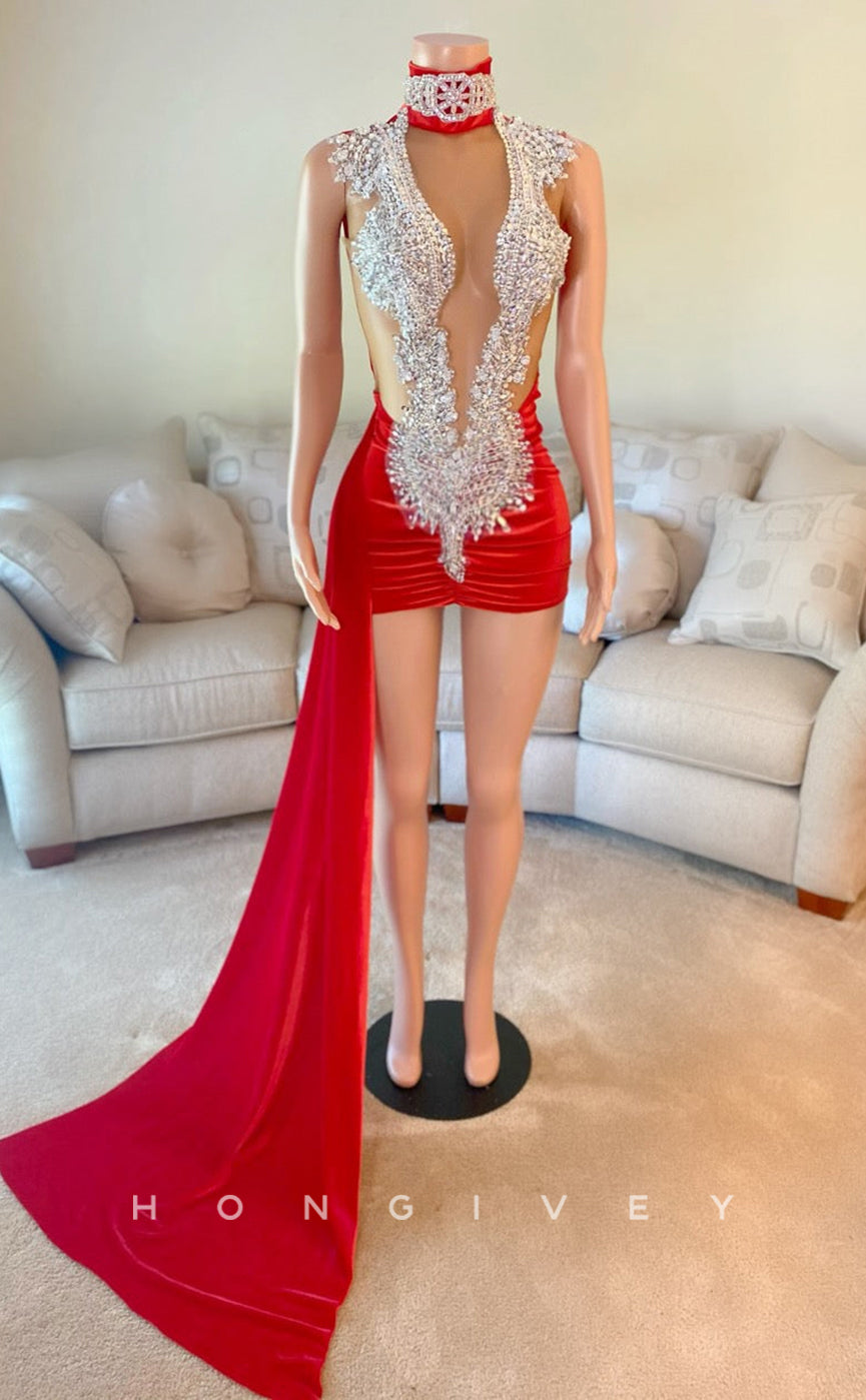 H2091 - Sexy Fitted Glitter Illusion High Neck Ruched Detachable Train Homecoming Dresses For Black Women - Fashionpara