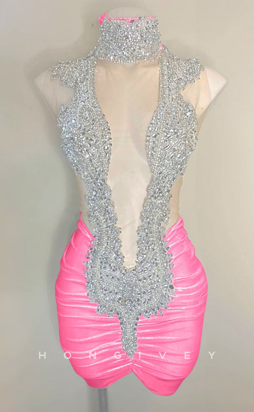 H2091 - Sexy Fitted Glitter Illusion High Neck Ruched Detachable Train Homecoming Dresses For Black Women - Fashionpara