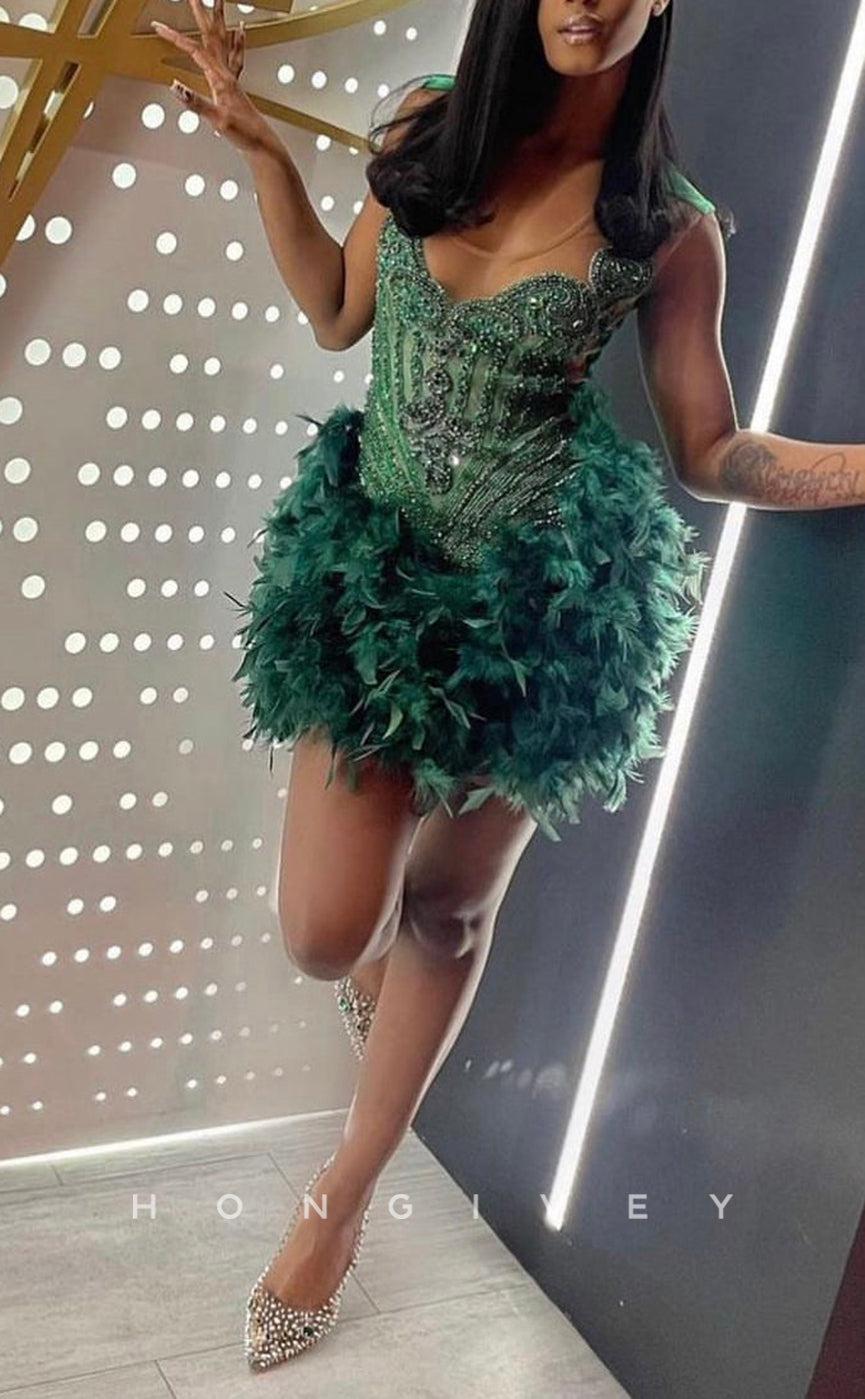 - Sexy Fitted Glitter Illusion Scoop Cap Sleeves Feathers Homecoming Dresses For Black Women