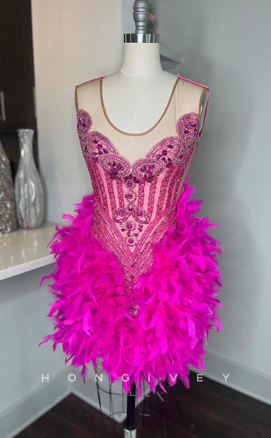 - Sexy Fitted Glitter Scoop Sleeveless Feathers Beaded Homecoming Dresses For Black Women