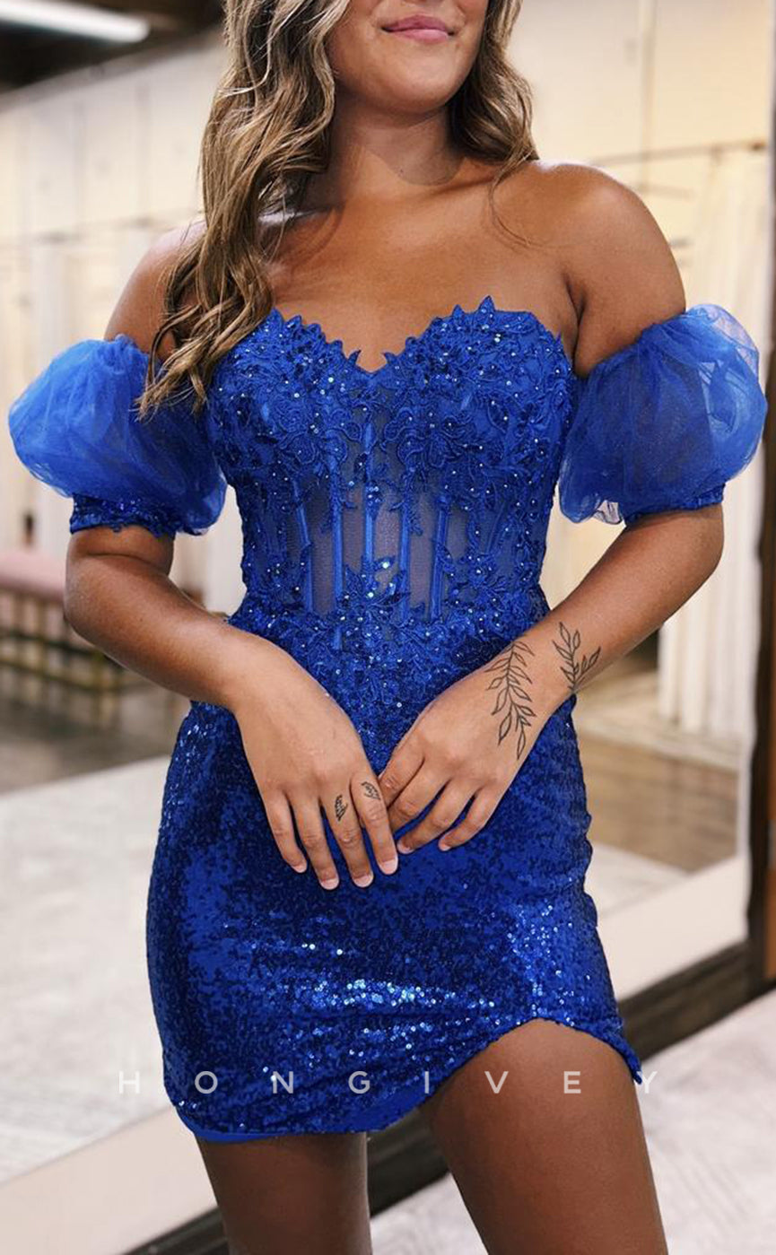 H2135 - Sexy Fitted Glitter Sweetheart Strapless Puff Sleeves Gown Appliques Party/Homecoming Dress