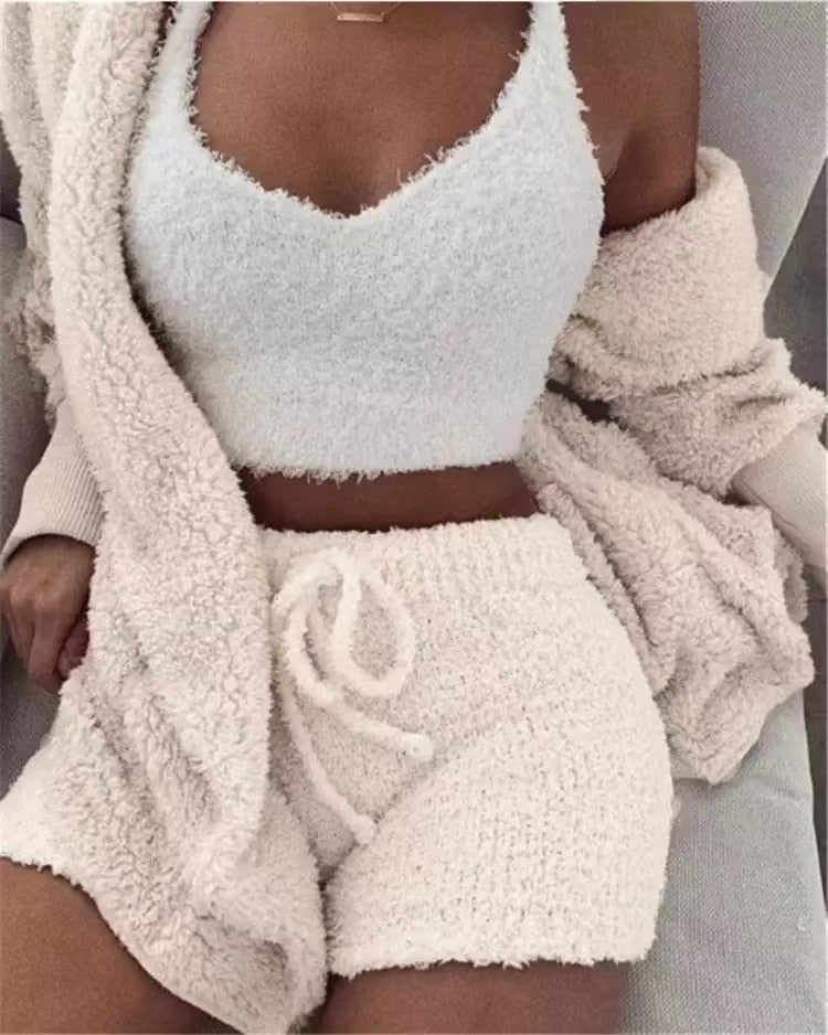 Sexy Fluffy Autumn Piece Sweatshirt Backless Plush Home Sports Women Pyjamas Wear Winter Fleece