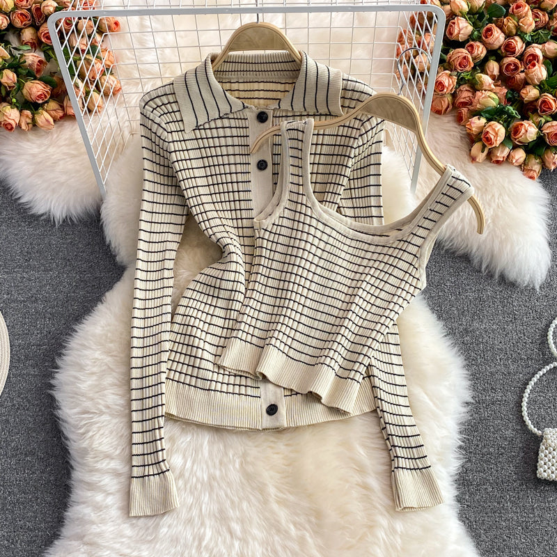 Stylish Temperament Plaid Knitted 3-Piece Coat Set for All