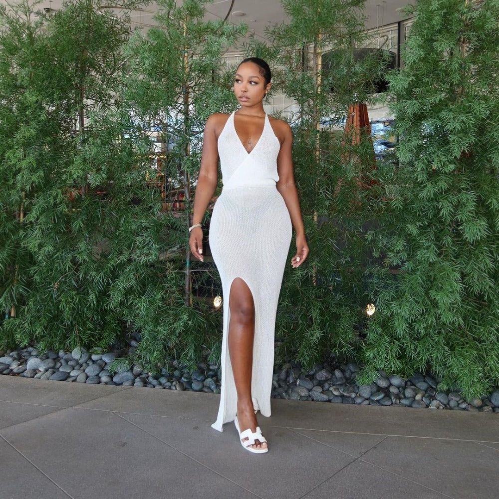 Open Knit Crochet One Shoulder Sash Cut Out High Split Midi Dress - View 5