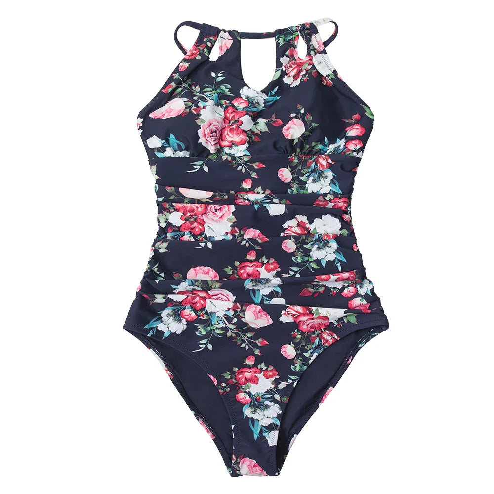 Floral Halter Cutout Lace Up One Piece Set