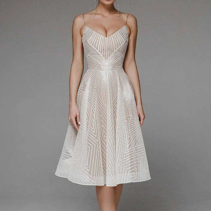 Mesh Overlay Spaghetti Strap Deep V-Neck Geometric Midi Dress