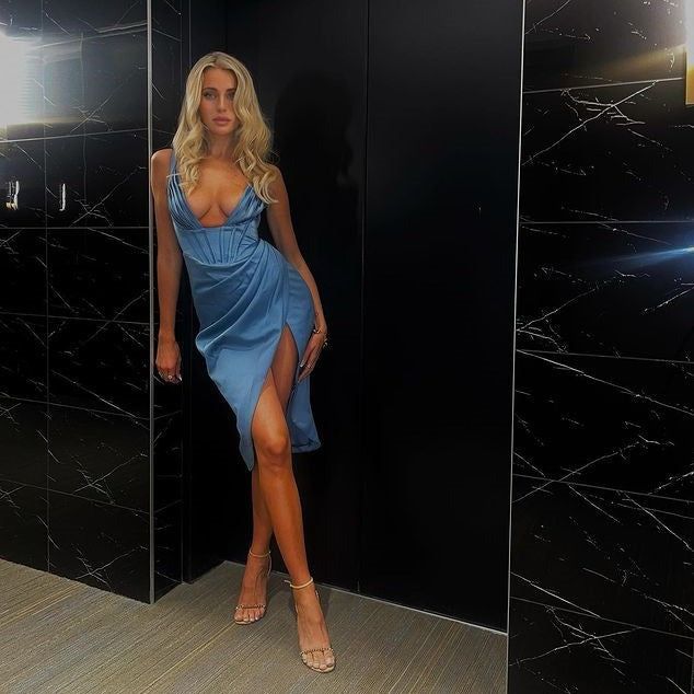 Satin Deep V-Neck Corset Draped High Split Midi Dress - View 8
