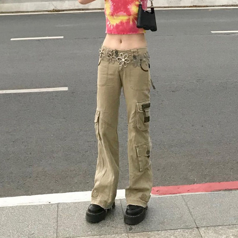 KittenAlarm - Mojoyce Retro Grunge Cargo Denim Jeans Streetwear Korean Vintage 90s Low Waist Trousers Aesthetic 90s Straight Pants Cuteandpsycho