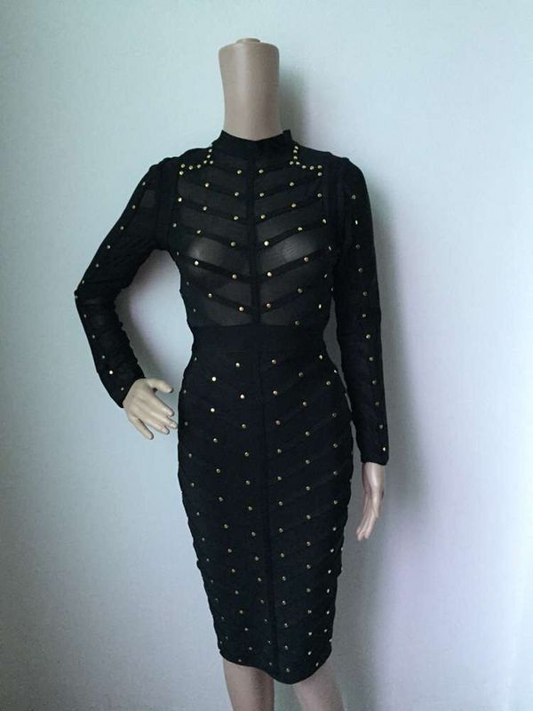 Studded Sheer Mesh Crew Neck Long Sleeve Bodycon Dress 10