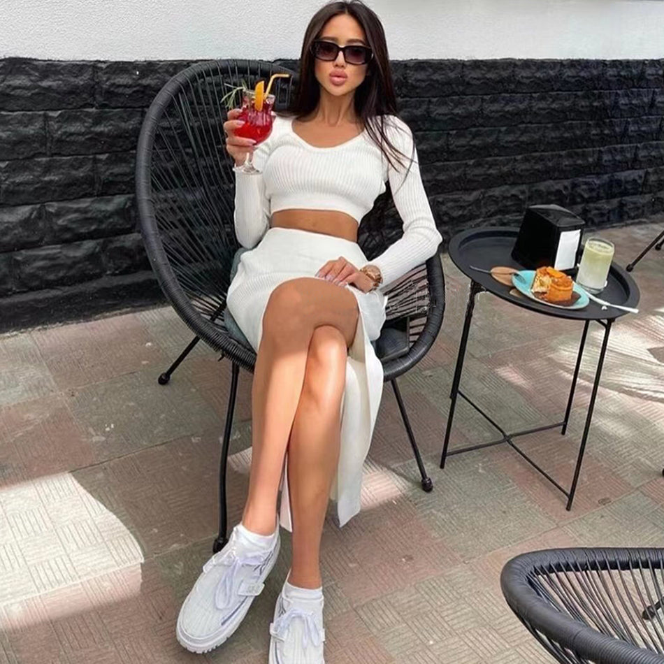 Florence High Waist Split Skirt and Top Knit Two Piece Set