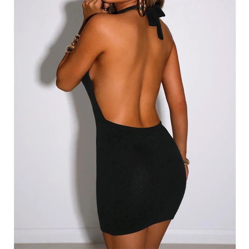 Ribbed Knit Halter Neck Backless Bodycon Mini Dress