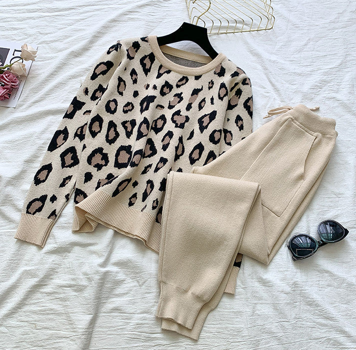 Knit Leopard Pullover Sweater and Elastic Waist Pants Set