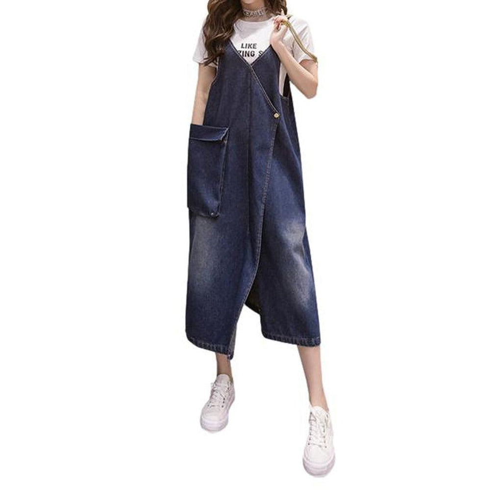 Denim Strappy Patch-Pocket Pinafore Midi Dress 2
