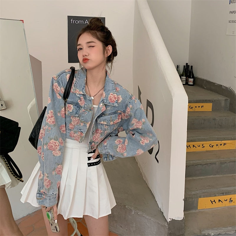 - Rose Pattern Loose Short Jeans Jacket