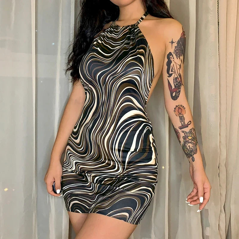 Ribbed Knit Halter Neck Backless Bodycon Mini Dress