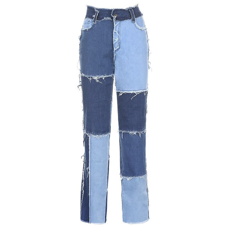 KittenAlarm - Mojoyce Patchwork Women's Jeans Bicolor Straight Leg Casual Long Pants High Waist Denim Jeans Y2K Fashion Pencil Trousers XXL
