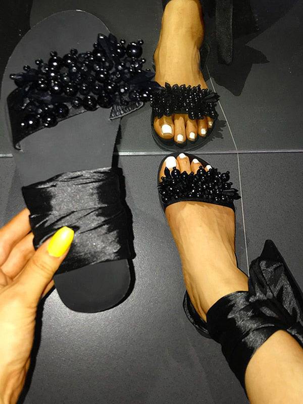 Ankle Strap Beaded Flat Heel Sandals