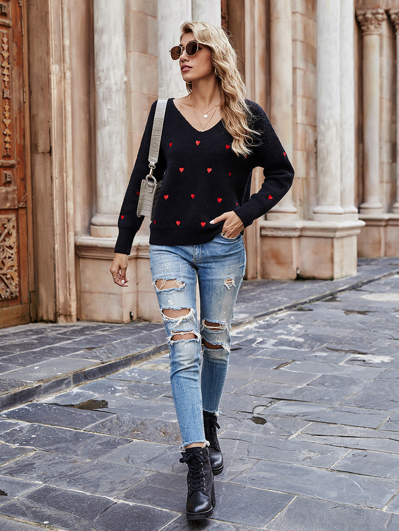 Sage Red Heart Print Sweater for Effortless Style and Comfort