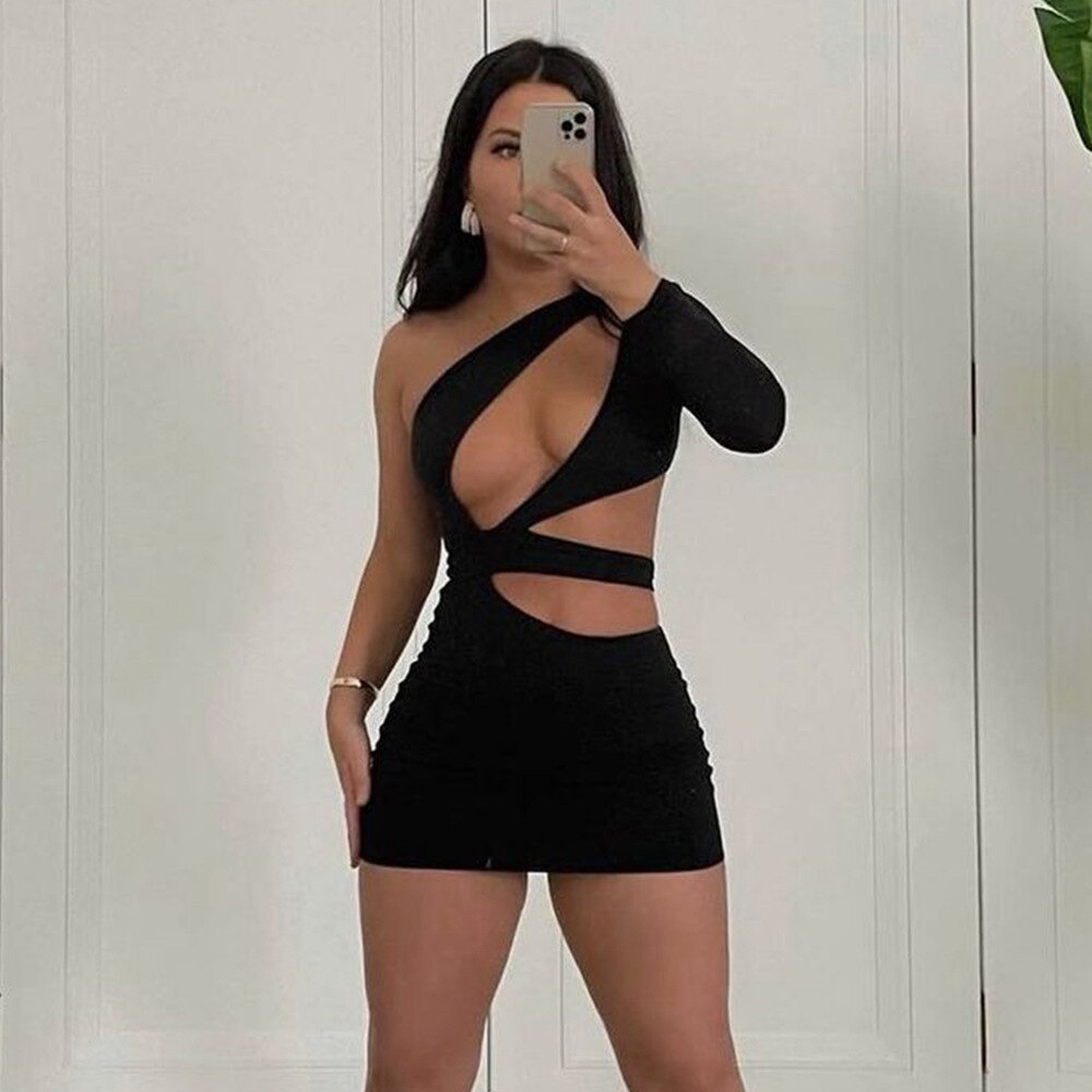 Cutout One Shoulder Long Sleeve Bodycon Mini Dress