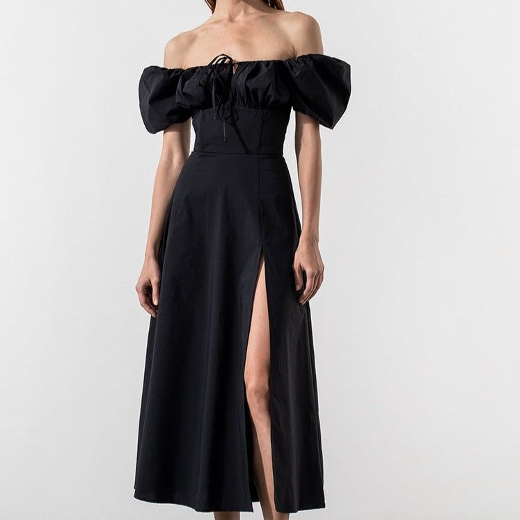 Ruched Bust Square Neck Puff Sleeve Split Midi Dress 5