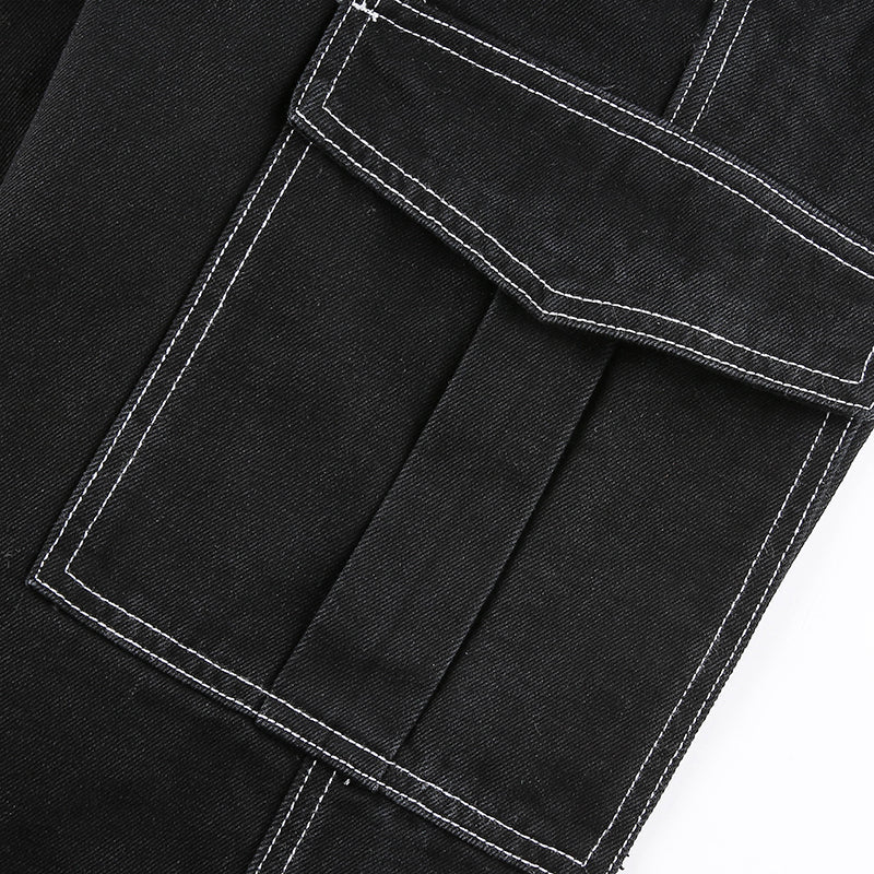 KittenAlarm - Womens Fashion Trends Pockets Patchwork Baggy Jeans Fashion Streetwear 100% Cotton Women Denim Trouser Loose Cargo Pants Korean Jeans Harajuku