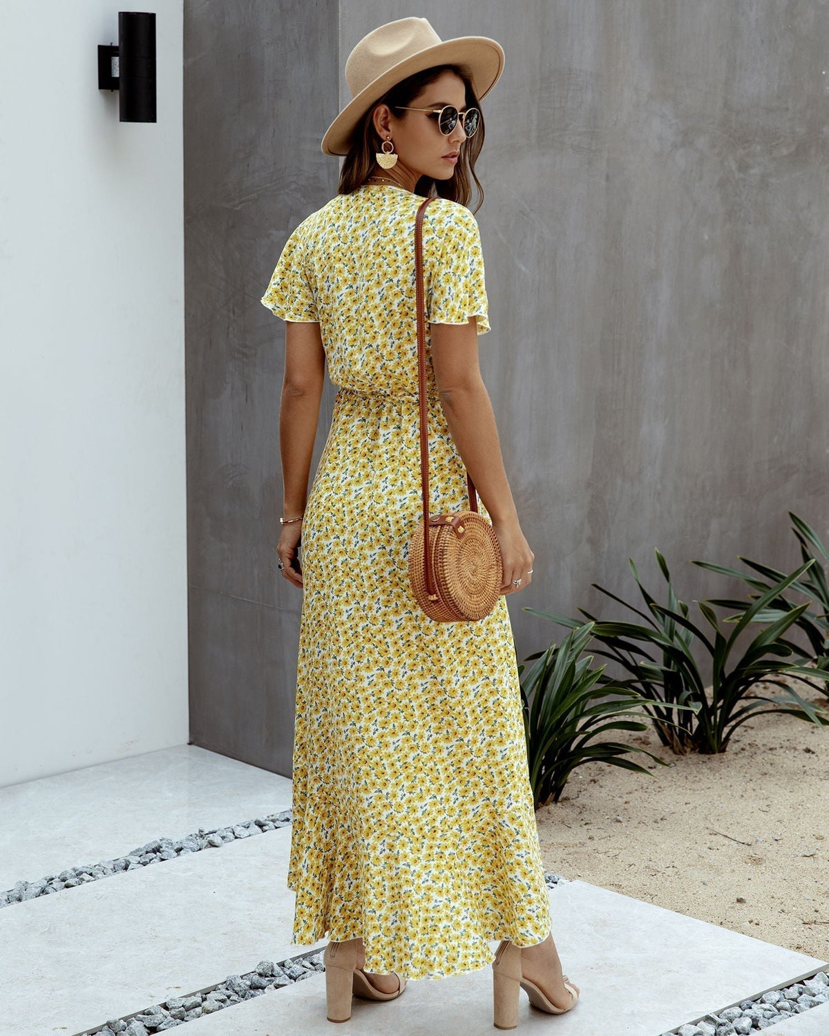 Ditsy Floral V-Neck Flutter Sleeve High-Low Maxi Dress 21