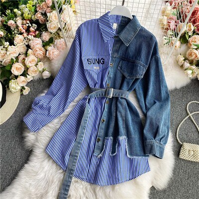 Women's Blouse Autumn Long Sleeve Shirt Tops Jeans Patchwork Plaid Blouses Elegantes Blusas para mujer Slim Shirt Dress - Fashionpara