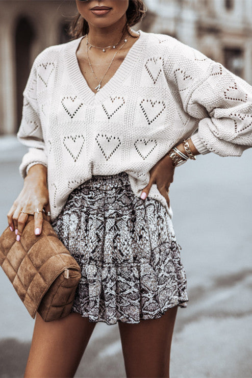 RadyRin Hollow-Out V Neck Long Sleeve Knit Sweater