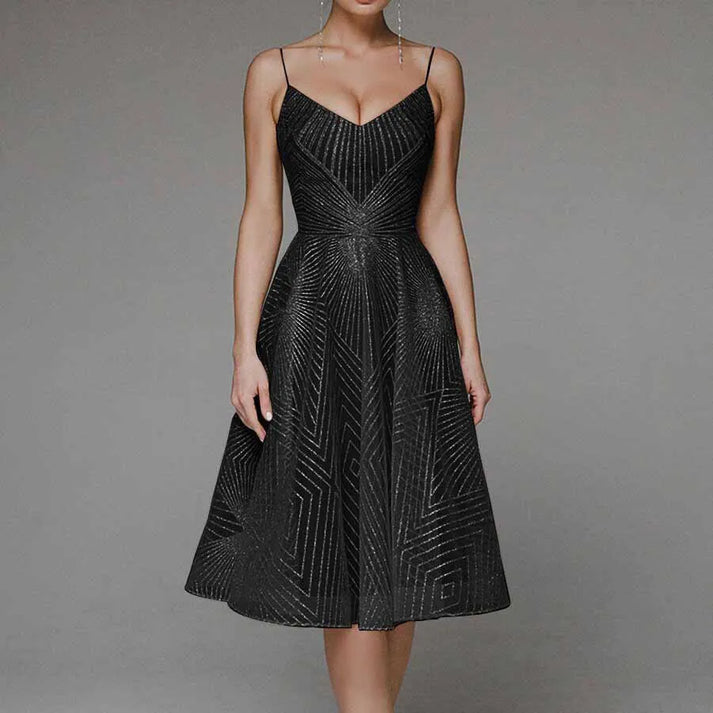 Sequin Spaghetti Strap Deep V-Neck Fit and Flare Midi Dress - View 5